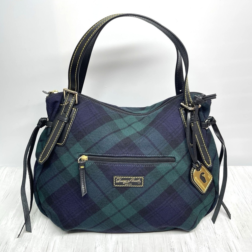 Dooney & Bourke Tartan Large Nina Bag Blue & Green Plaid Canvas Leather Handles - Picture 2 of 16
